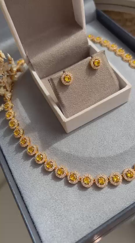 Conjunto Brinco e Colar Riviera Pedras Redondas Fancy Yellow Dourado