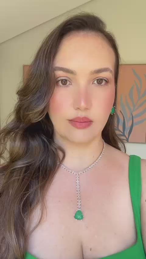 Conjunto Brinco e Colar Gravata Pedra Triangulo Verde Esmeralda