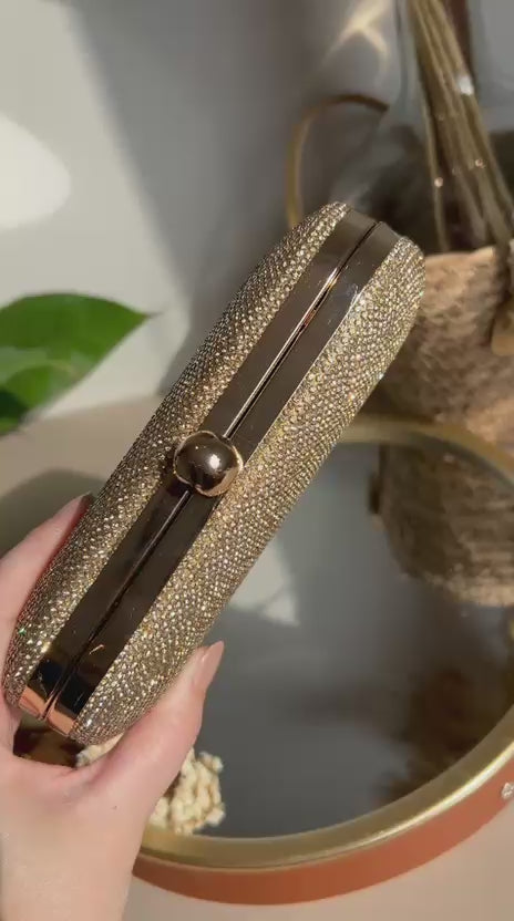 Bolsa Clutch Retangular Cristais Dourada