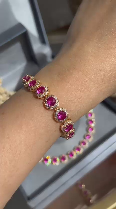 Pulseira Riviera Pedras Redondas Safira Rosa Dourado