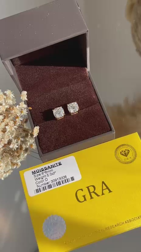Brinco Glam Moissanite Solitário Quadrado 8.0mm 5.0CT Dourado