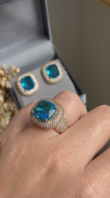 Conjunto Anel e Brinco Azul Topazio Retangular