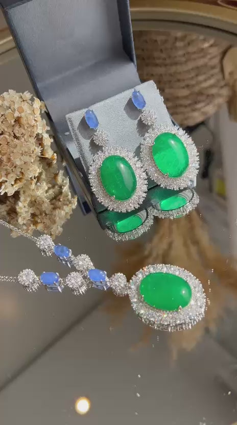 Conjunto Brinco, Colar e Anel Esmeralda com detalhes Tanzanita