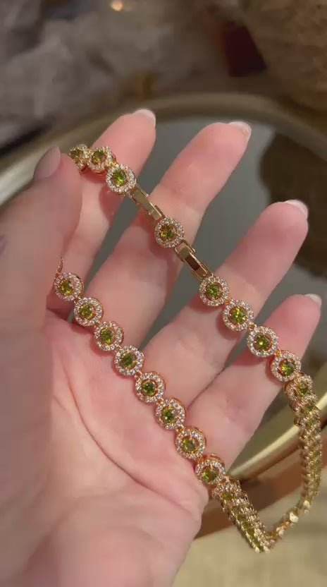 Conjunto Brinco e Colar Riviera Pedras Redondas Verde Peridoto Dourado