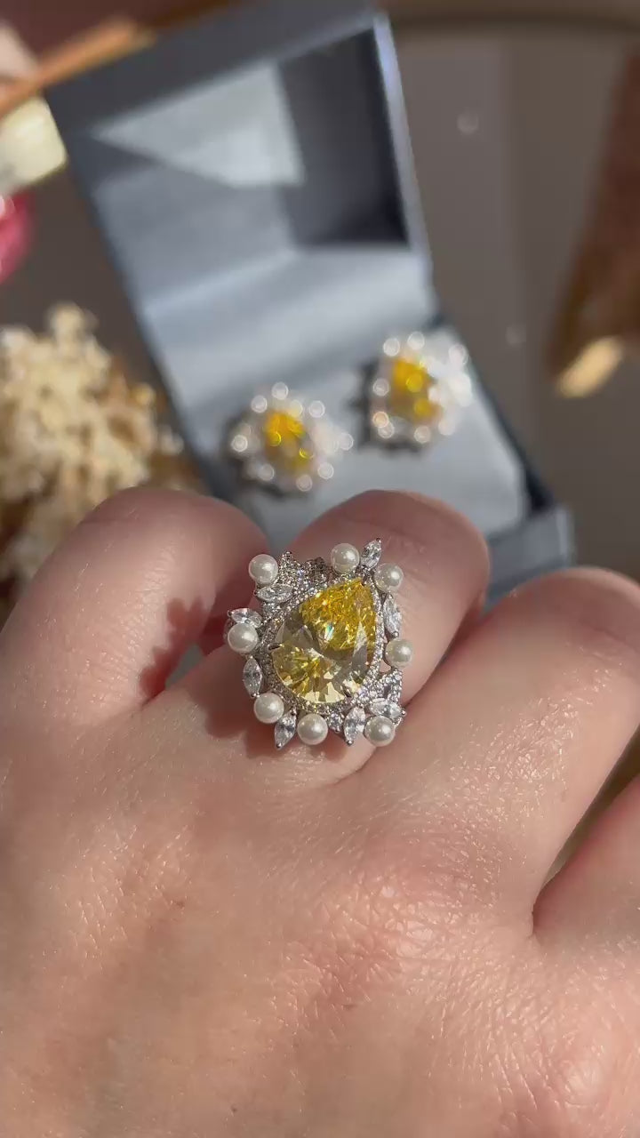 Conjunto de Brinco e Anel Ajustável Fancy Yellow com Pérolas
