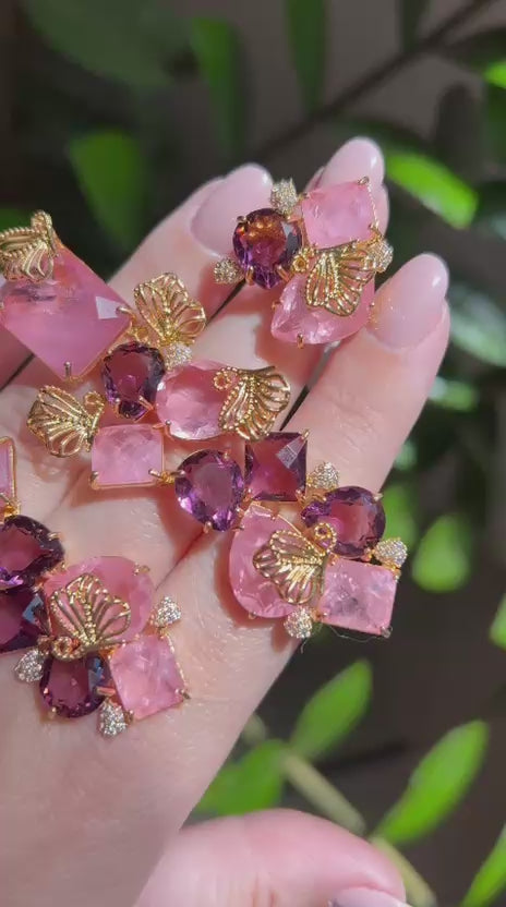 Conjunto Brinco e Anel Ametista e Rosa