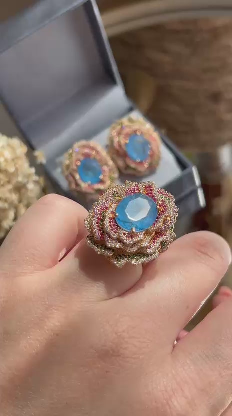 Conjunto Brinco e Anel Flor Tanzanita com Cravação Colorida