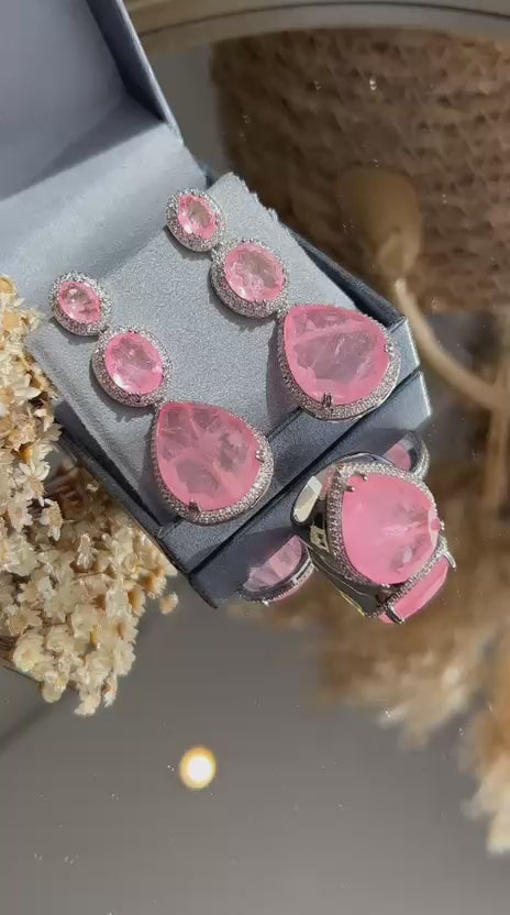 Conjunto Brinco e Anel Gotas Rosa Claro