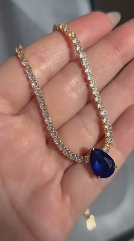 Colar Riviera Pedra Gota Azul Safira Dourado