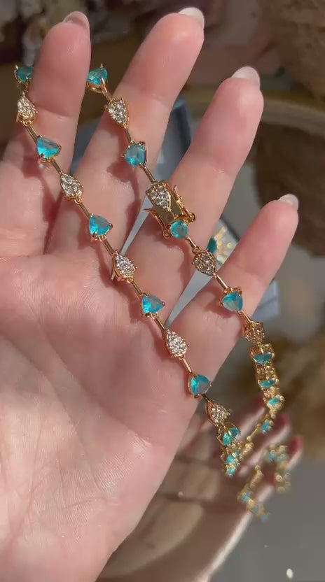 Colar Riviera Pedra Triangular Água Marinha Dourado