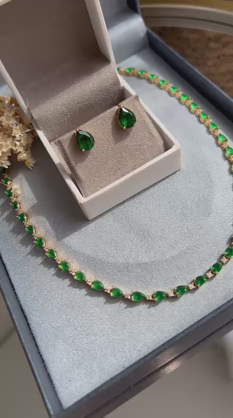 Conjunto Brinco e Colar Riviera Mesclado Verde Esmeralda Dourado