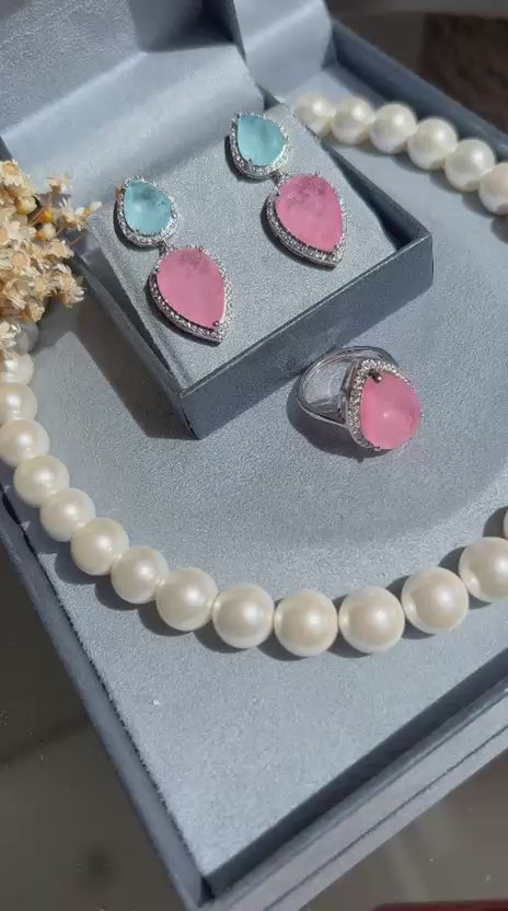 Brinco Duas Gotas Azul e Rosa