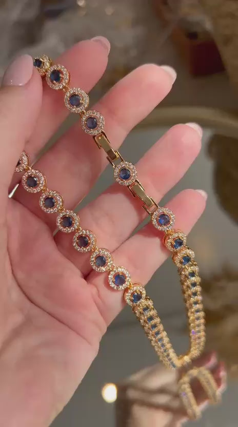 Conjunto Brinco e Colar Riviera Pedras Redondas Azul Safira Dourado