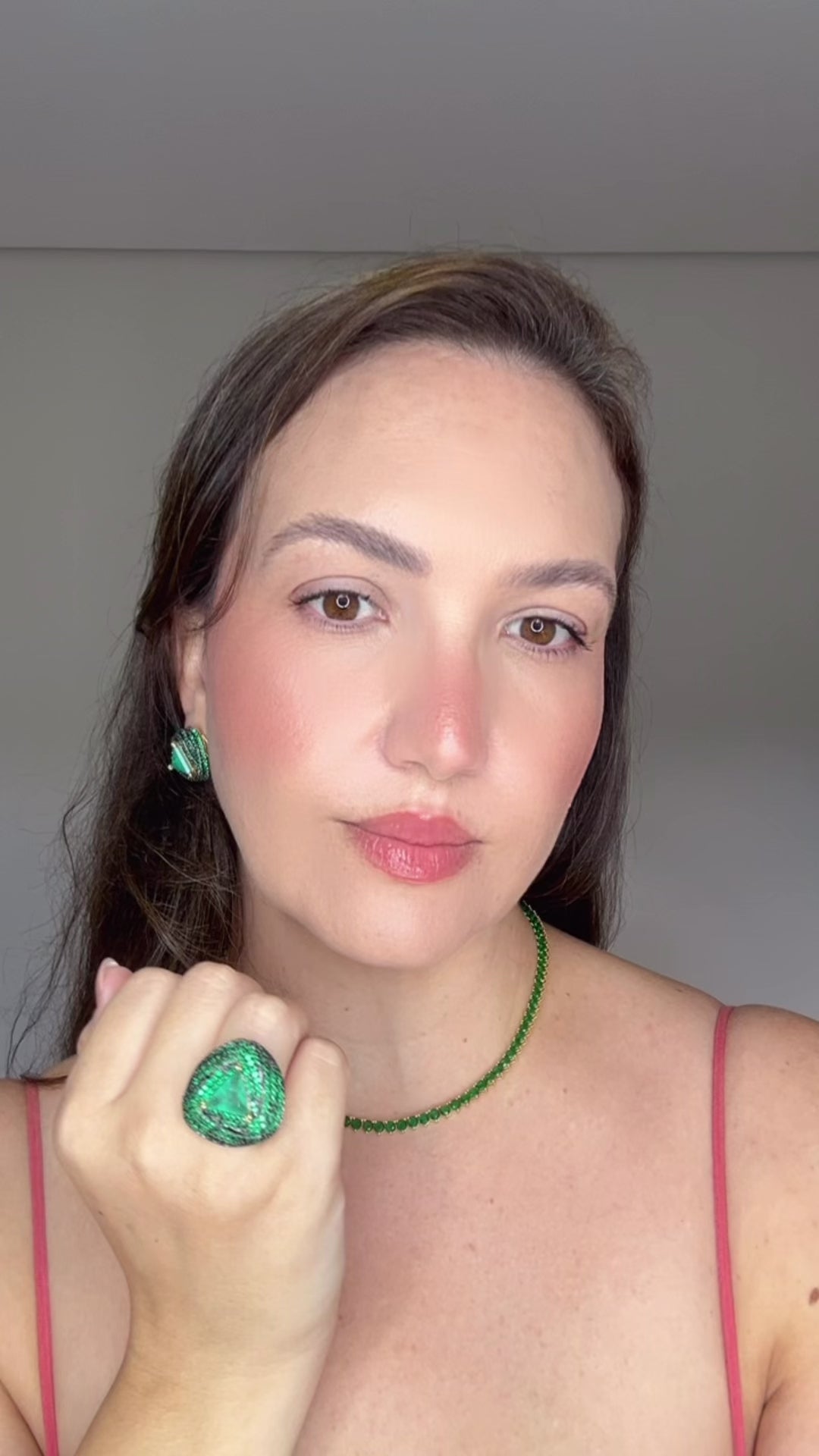 Conjunto Brinco e Anel Triangulo Verde Esmeralda e Turmalina