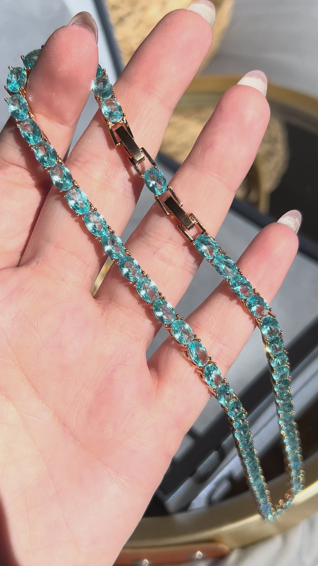 Conjunto Brinco e Colar Azul/Agua Marinha Dourado