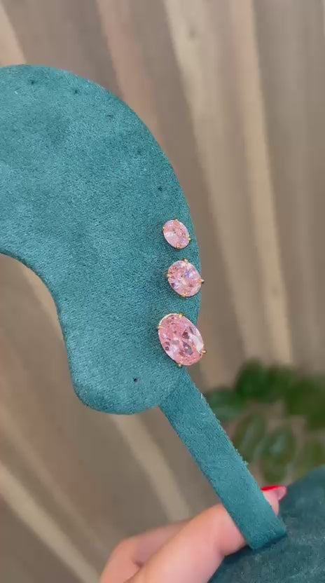 Brinco Solitário Oval Kunzita M Dourado