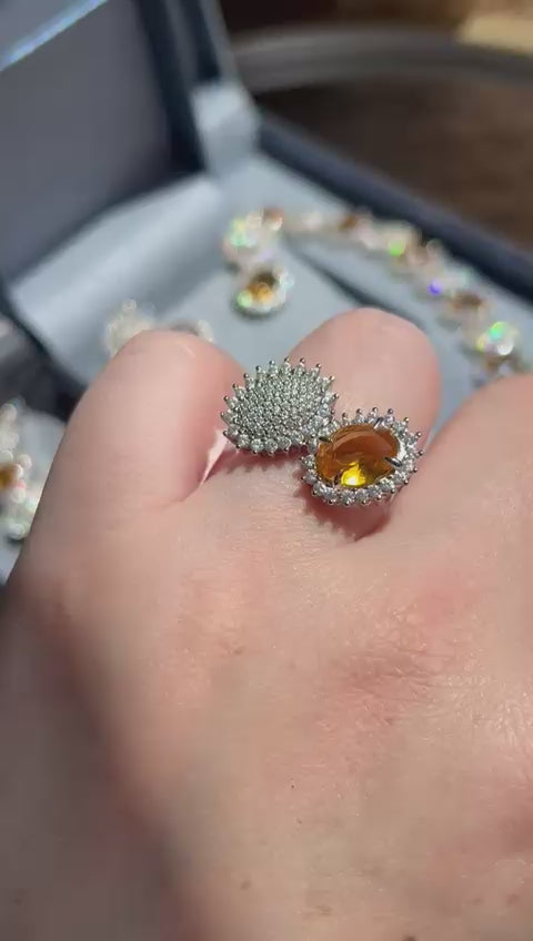 Conjunto Brinco, Colar e Anel Pedras Ovais Citrino