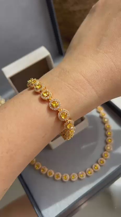 Conjunto Brinco e Colar Riviera Pedras Redondas Fancy Yellow Dourado