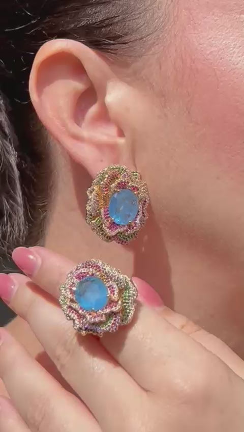 Conjunto Brinco e Anel Flor Tanzanita com Cravação Colorida