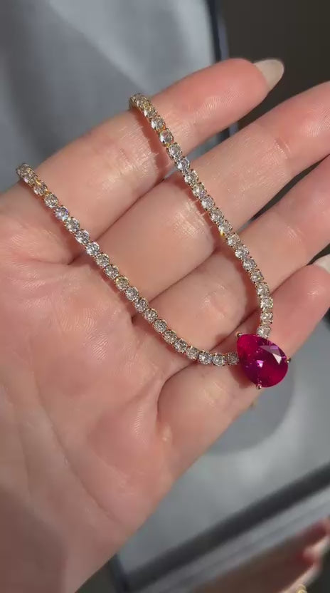 Colar Riviera Pedra Gota Safira Rosa Dourado