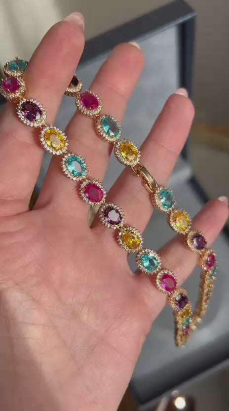 Colar Riviera Rainbow Pedras Ovais Dourado