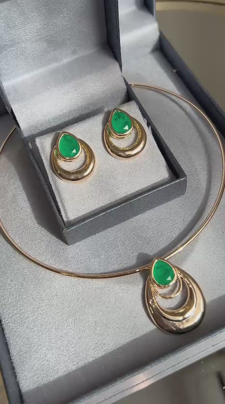 Conjunto Brinco e Colar Aro Gota Verde Esmeralda Dourado