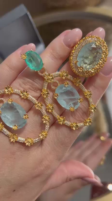 Conjunto Brinco e Anel Flores do Oriente Turmalina Azul