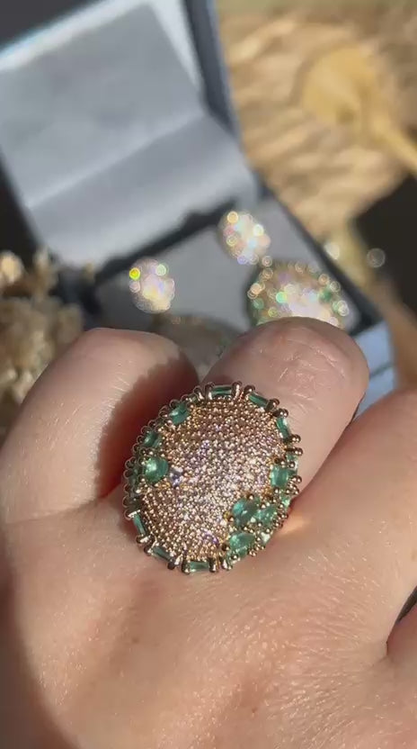 Conjunto Brinco e Anel Oval Detalhes Turmalina