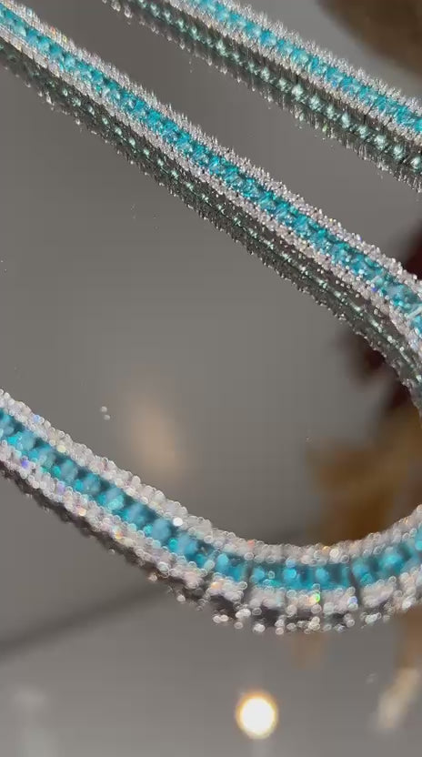 Pulseira Riviera Três Fileiras Baguetada Água Marinha/Azul
