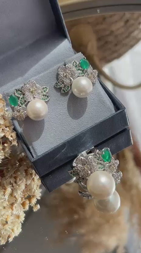 Conjunto Brinco e Anel Pérola e Folhas Verdes