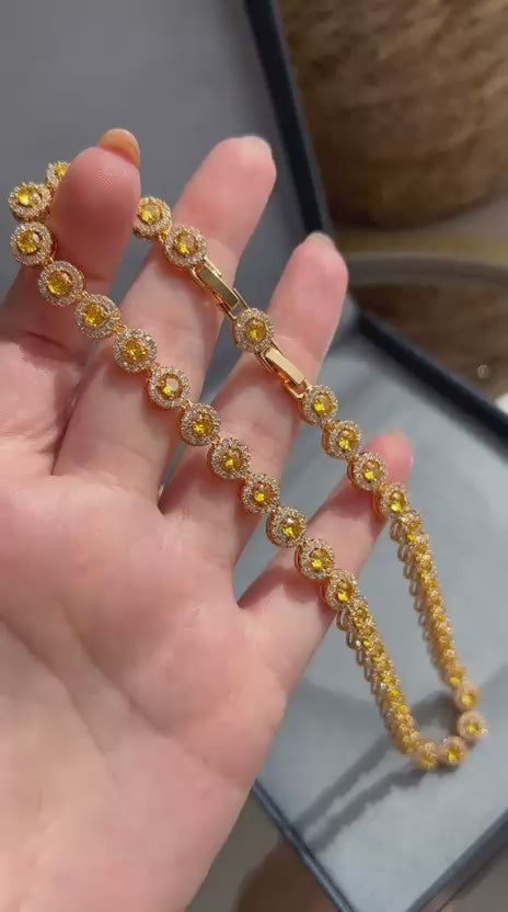 Conjunto Brinco e Colar Riviera Pedras Redondas Fancy Yellow Dourado