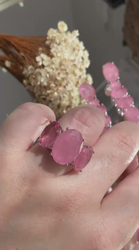 Conjunto Brinco e Anel Pedras Ovais Rosa Claro