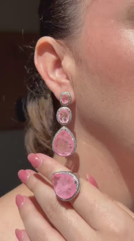 Conjunto Brinco e Anel Gotas Rosa Claro