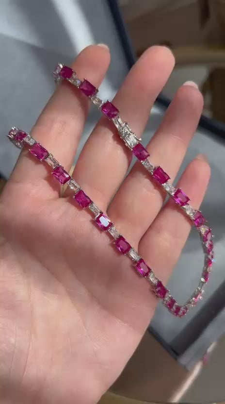 Colar Riviera Pedras Retangular Safira Rosa/Pink