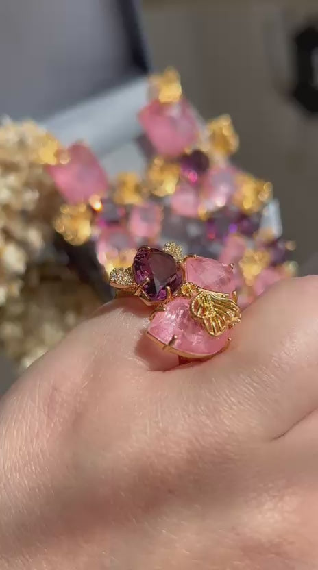 Conjunto Brinco e Anel Ametista e Rosa