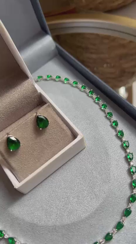 Conjunto Brinco e Colar Riviera Mesclado Verde Esmeralda