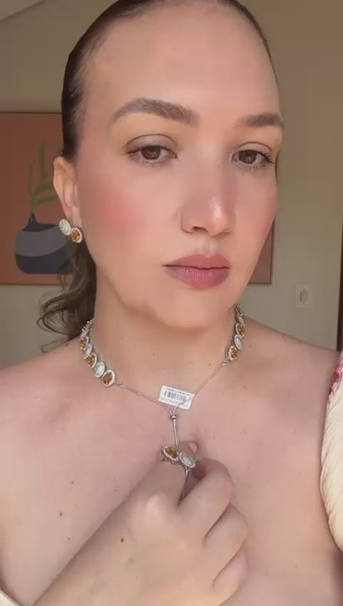 Conjunto Brinco, Colar e Anel Pedras Ovais Citrino