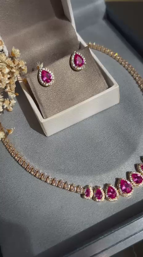 Colar Riviera Gotas Safira Rosa/Pink Dourado