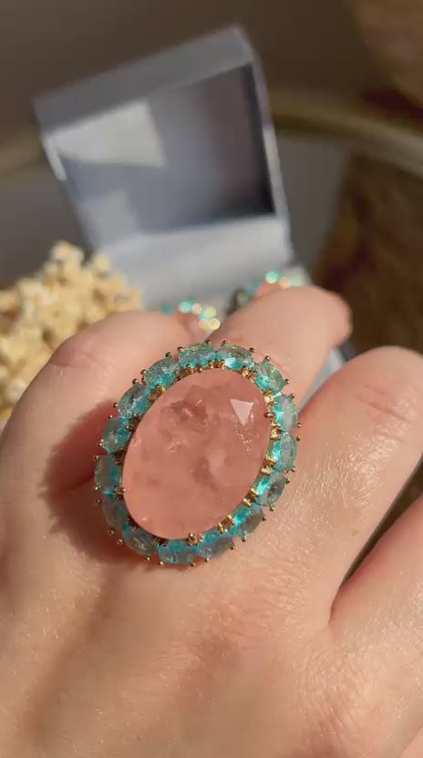 Conjunto Brinco e Anel Morganita e Azul Turquesa