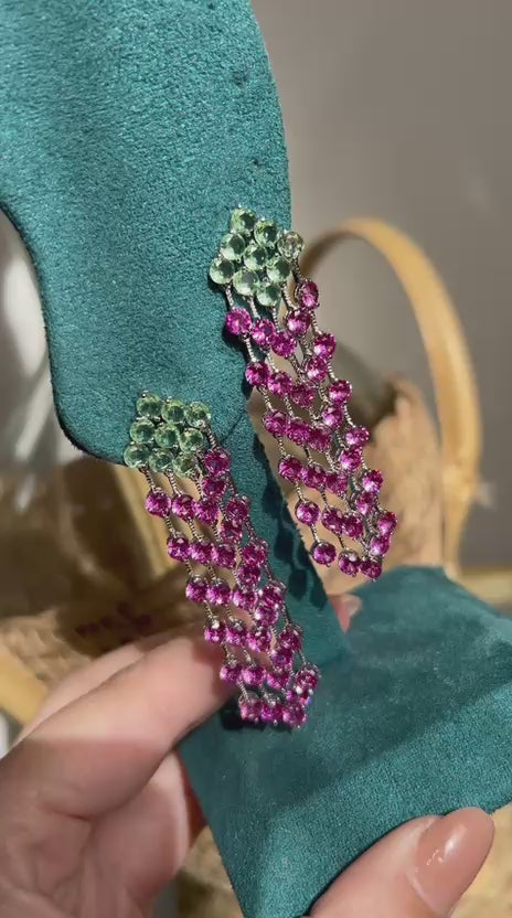 Brinco Franjas Maça Verde e Safira Rosa/Pink