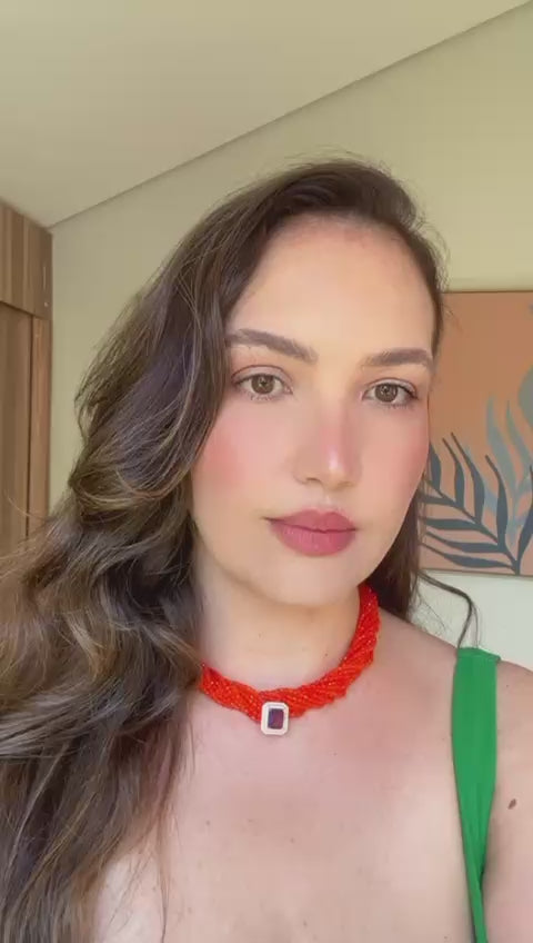 Conjunto Brinco e Colar Cristais Coral e Pingente Ametista