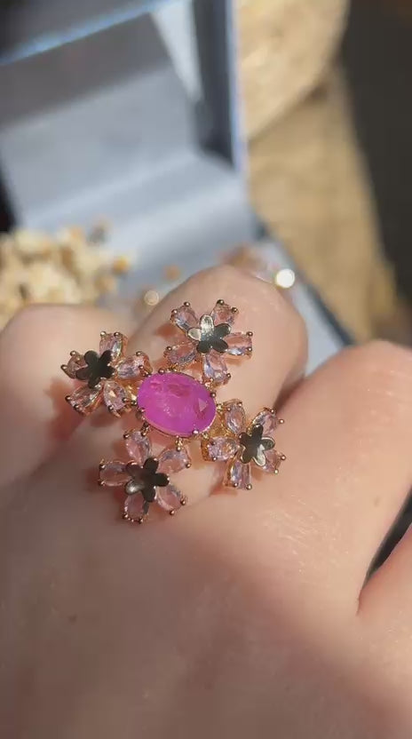 Conjunto Brinco e Anel Flores Fúcsia