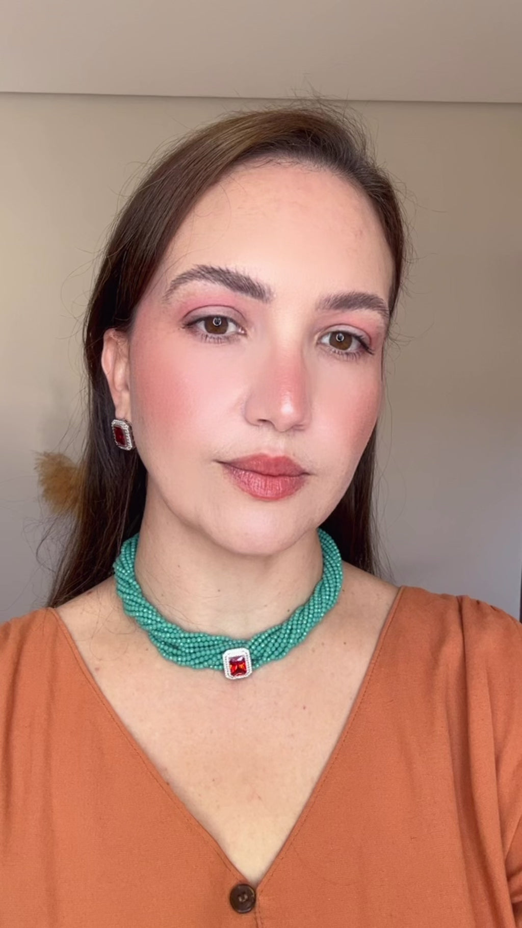 Conjunto Brinco e Colar Cristais Turquesa e Aperol/Tangerina