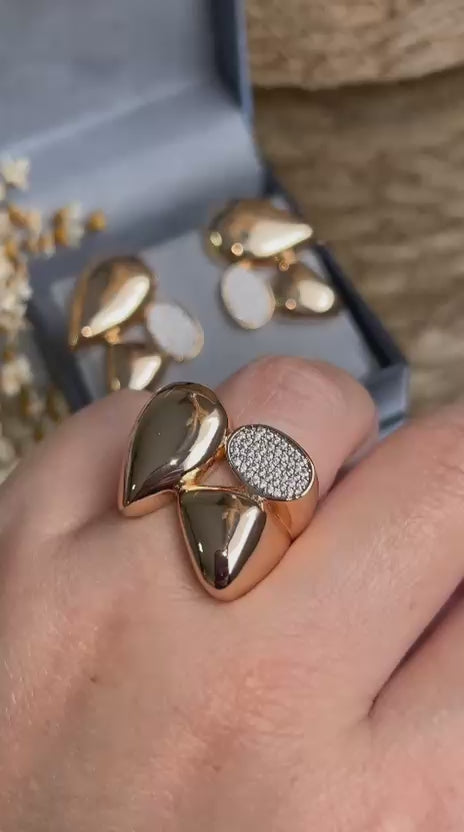 Conjunto Brinco e Anel Gotas Lisas e Cravejadas