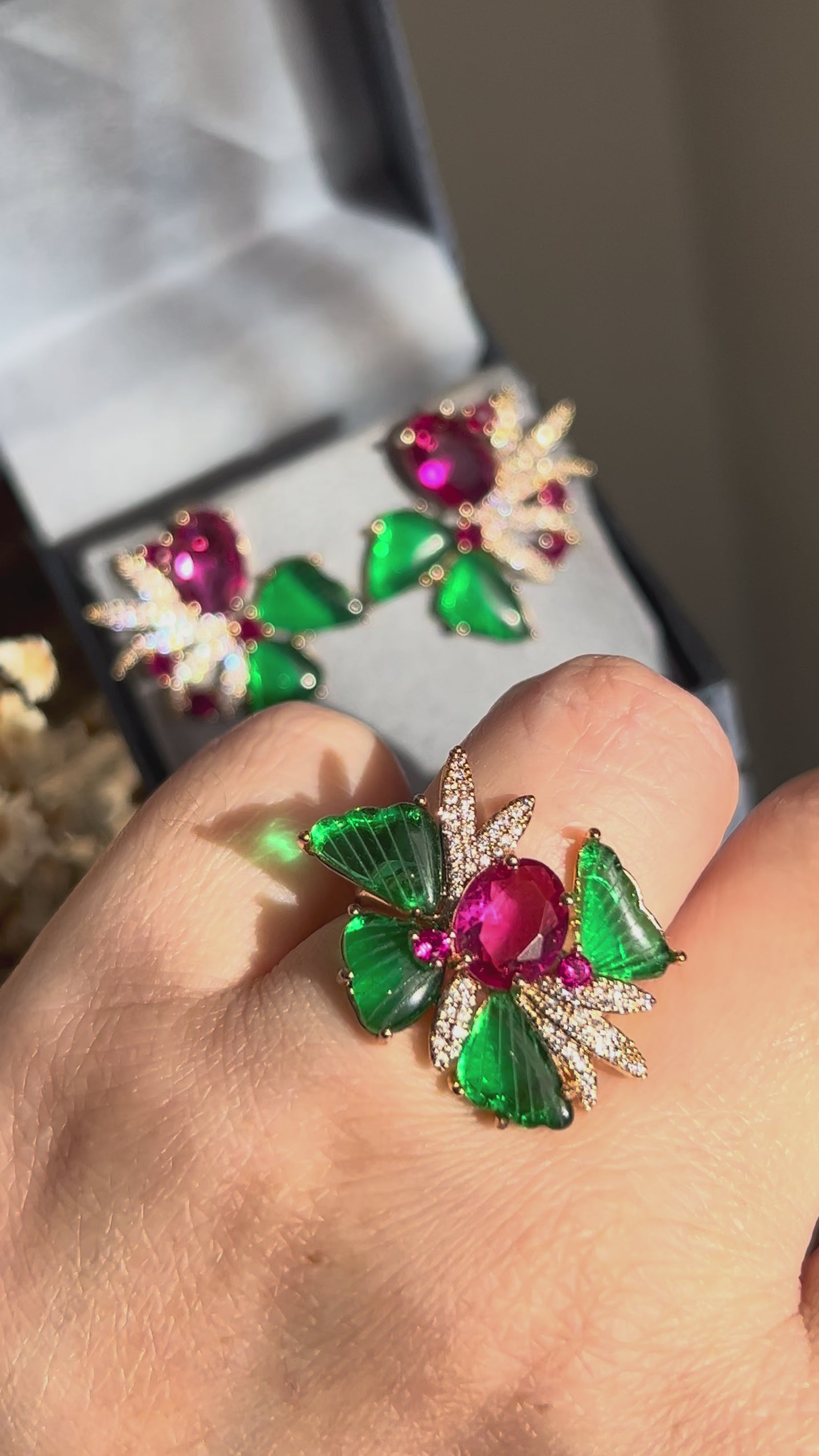 Conjunto Brinco e Anel Carla P Verde e Pink Dourado