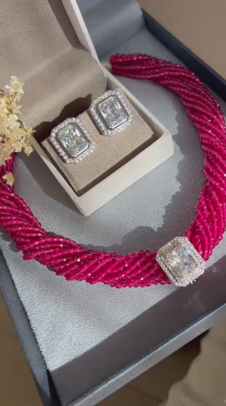 Conjunto Brinco e Colar Cristais Fúcsia