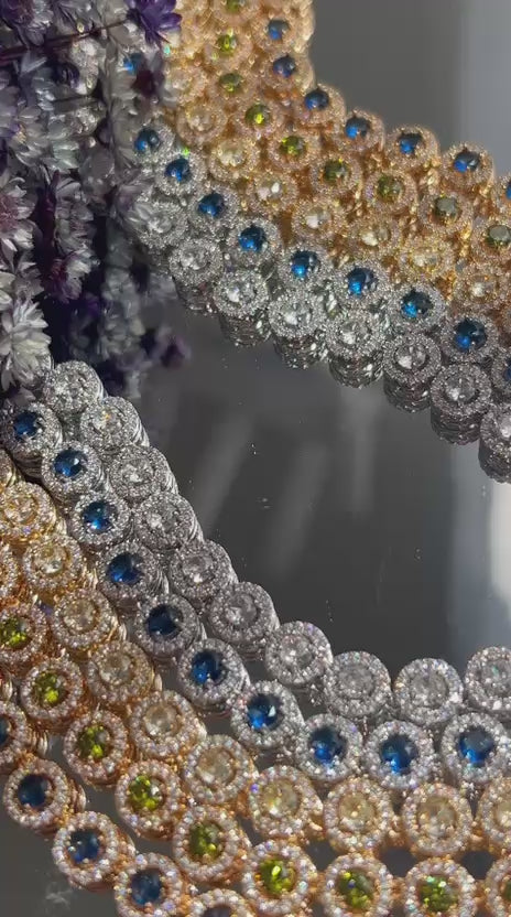 Conjunto Brinco e Colar Riviera Pedras Redondas Azul Safira Dourado