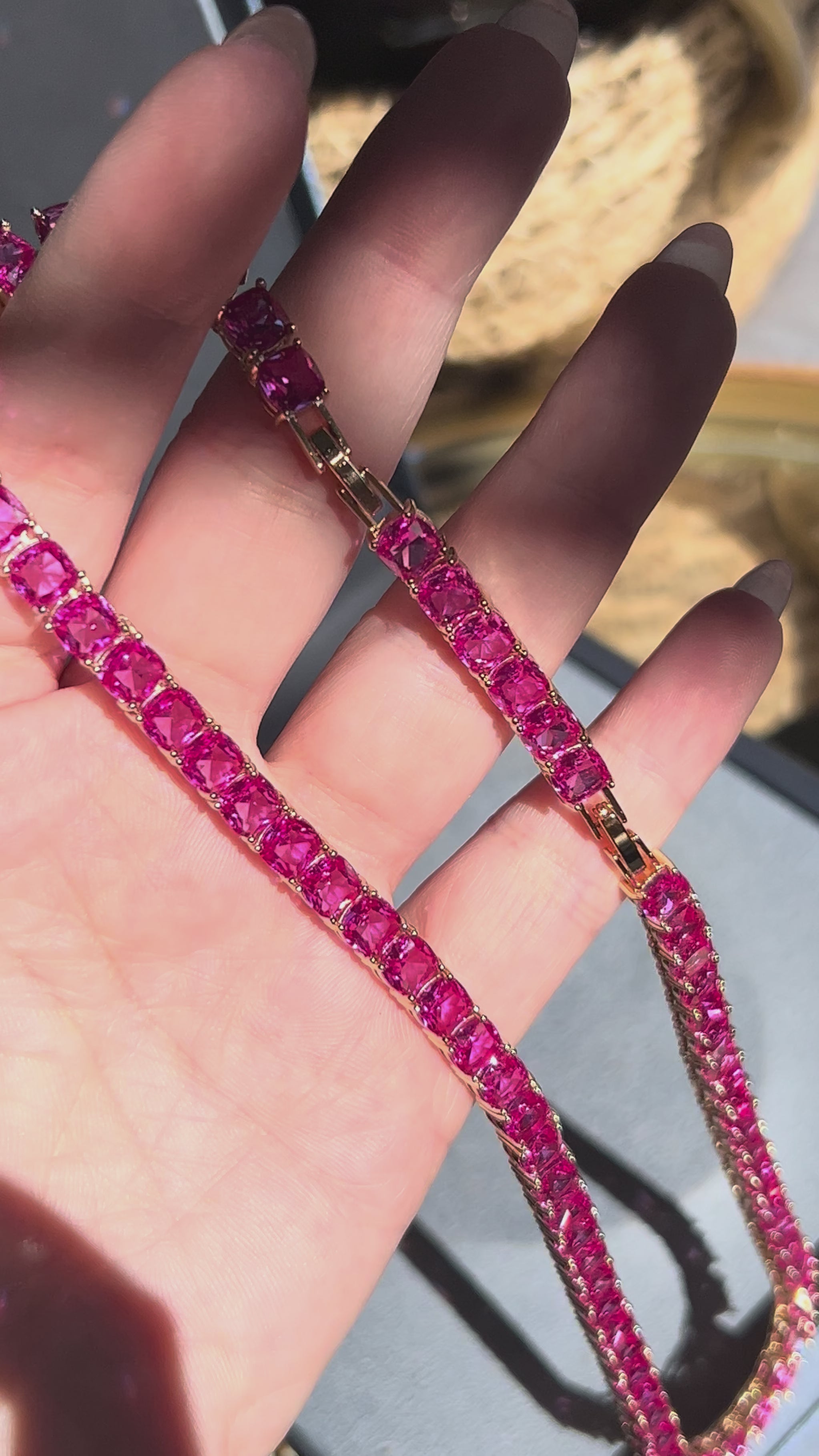 Colar Riviera 6mm Safira Rosa/pink Dourada