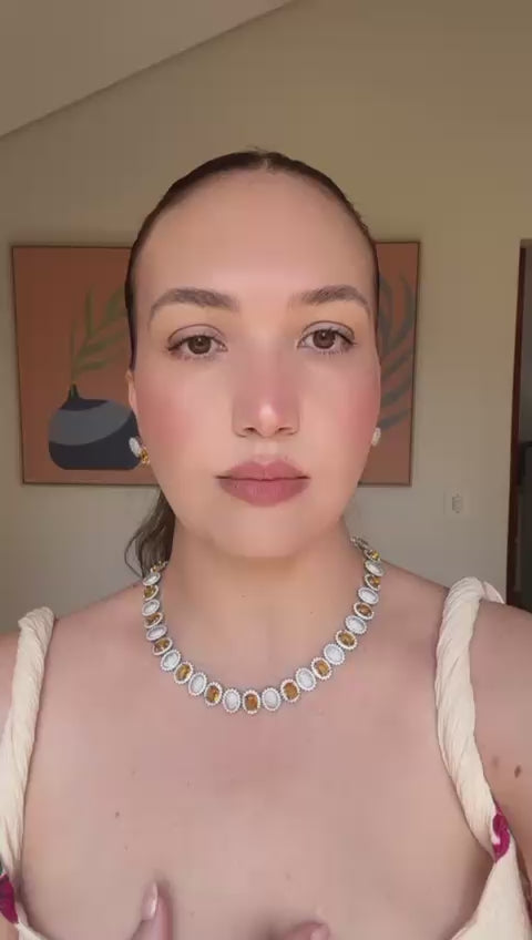 Conjunto Brinco, Colar e Anel Pedras Ovais Citrino