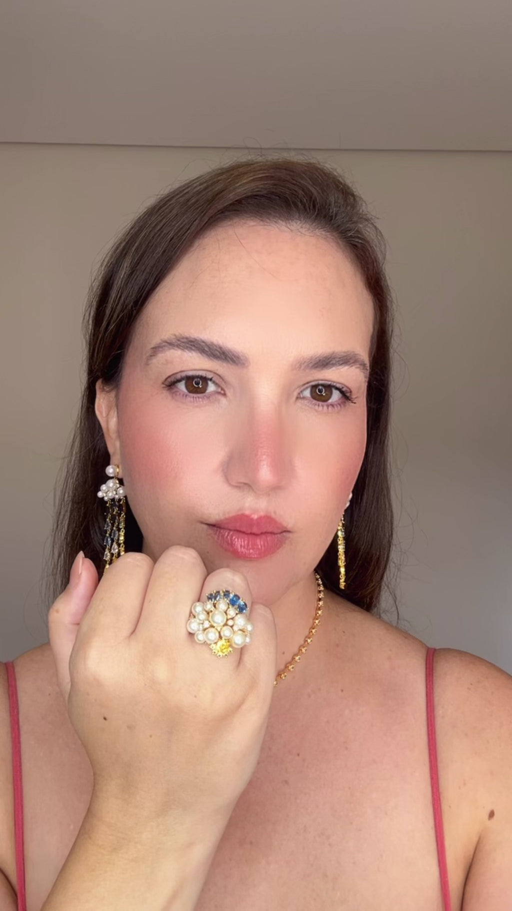 Conjunto Brinco e Anel Pérola Pedras Azuis e Fancy Yellow